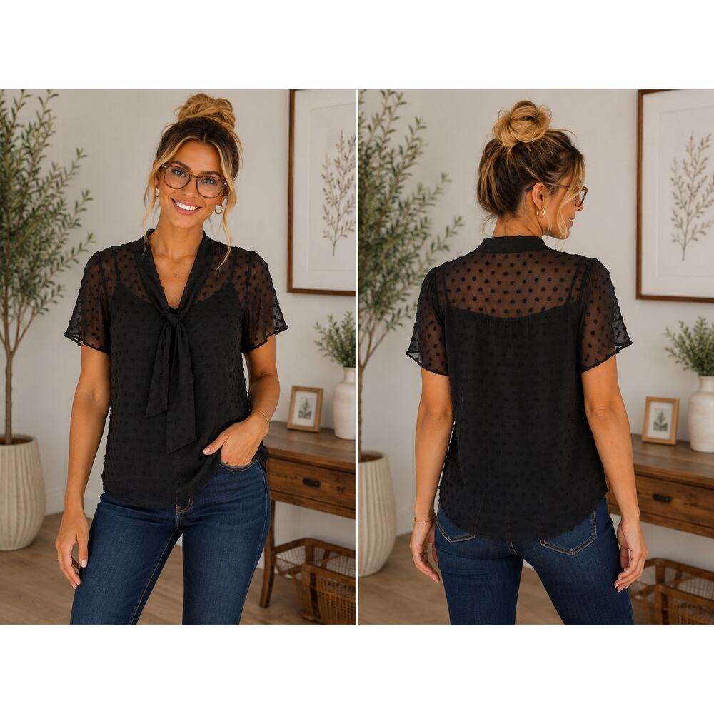 Anthropologie BB Dakota Black Swiss Dot Sheer Tie Neck Blouse Women Size S Top
